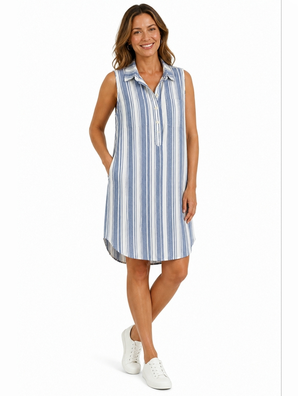 Lands' End Linen Blend Henley Striped Shirt Dress Sz 14 Blue White Coastal